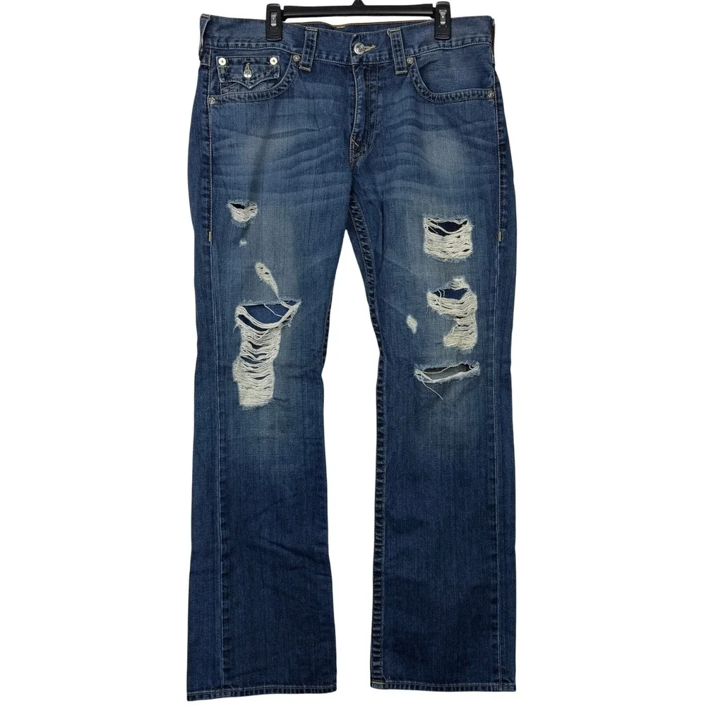 True Religion Straight Flap Jeans Mens 36x32 100% Cotton Distressed Ripped